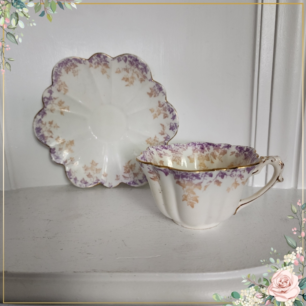 ANTIQUE WILEMAN FOLEY EMPIRE SHAPE LILAC IVY TEA CUP & SAUCER england